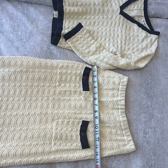 J. Peterman Vivienne Pointelle Cotton Suit Set Cream Navy Trim Skirt Top XS/S - Picture 9 of 16